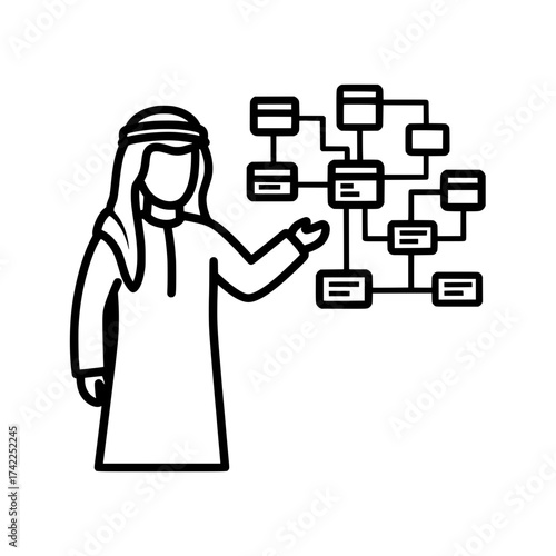 Arab man presenting a flowchart business concept data analysis information.