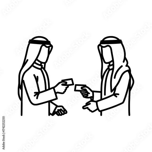 Two Arab men exchanging business cards a symbol of agreement and cooperation.