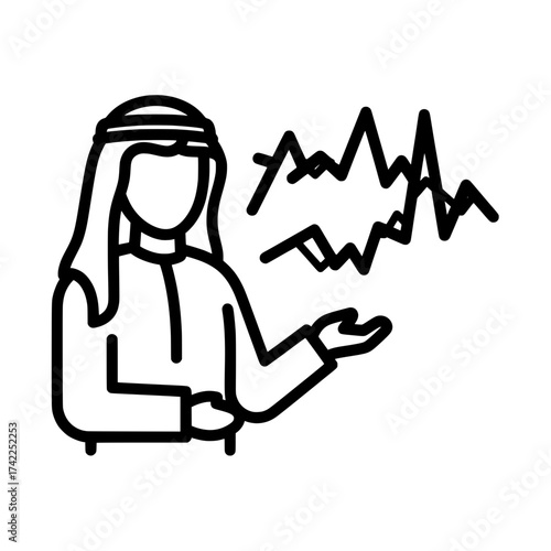 Arab businessman presenting financial data analysis with graph illustration.