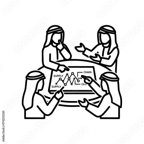 Business meeting of Arab men discussing supply chain analysis on a table.