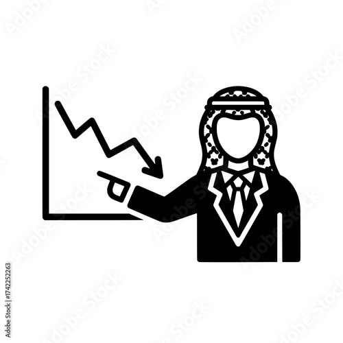 Arab businessman pointing at a downward trend graph economic decline concept.
