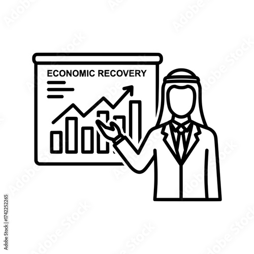 Arab businessman presenting economic recovery graph on a whiteboard.