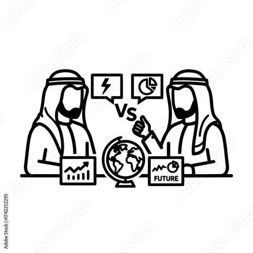 Arab businessmen discussing global future and business strategy.