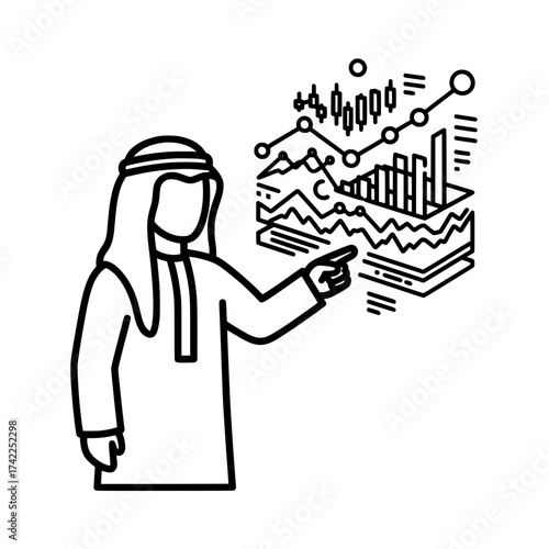 Arab man pointing at a financial chart business analysis concept.