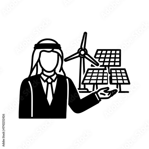 Arab businessman presenting renewable energy sources solar panels and wind turbine.