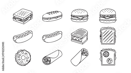 Hand drawn sketch icons of popular fast food and snacks collection vector