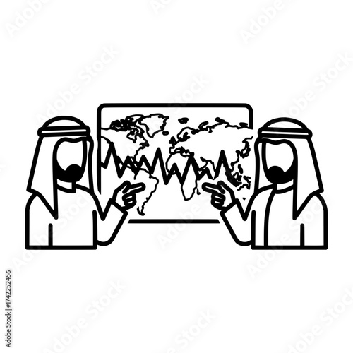 Two Arab men pointing at a world map discussing global business.