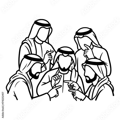 Group of Arab men in traditional attire discussing and pointing.