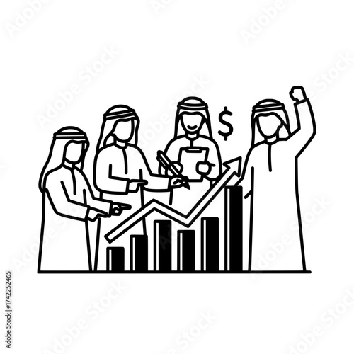 Arab businessmen analyzing financial data and economic growth with charts and graphs.