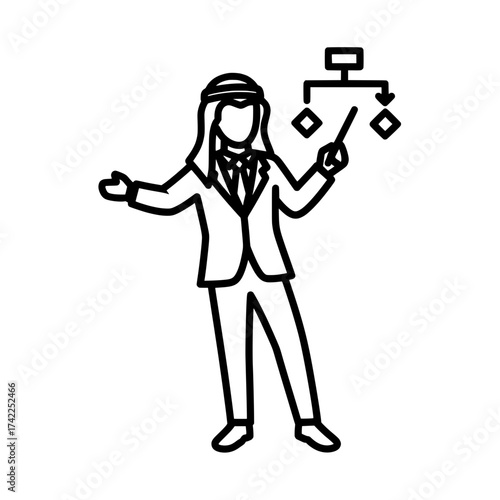 Arab businessman presenting a business plan with a diagram.