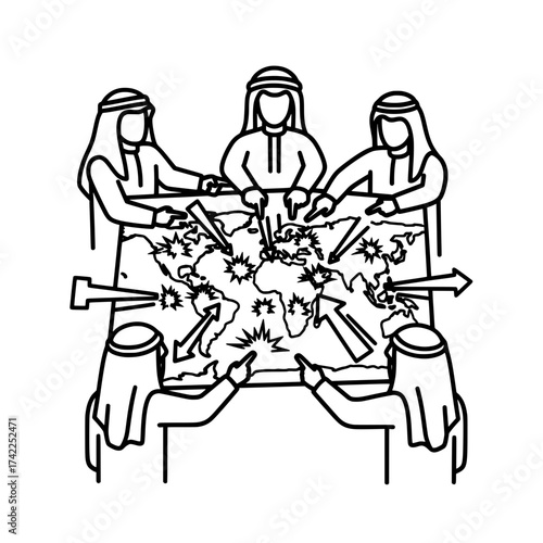 Arab leaders strategizing global conflicts on a world map.