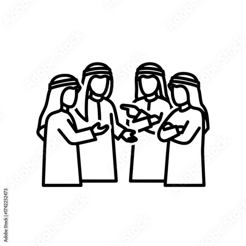 Four Arab men in traditional attire discussing something together.