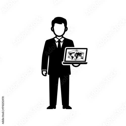 Business professional holding laptop with world map global network concept.