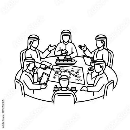 Business meeting of Arab men discussing global trade and logistics.