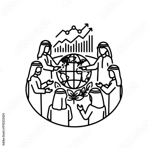 Arab business people discussing global economy and financial growth.