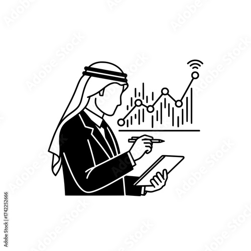 Arab businessman analyzing financial data on a digital tablet with graph.