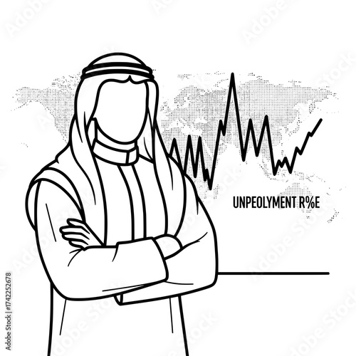 Arab man with crossed arms in front of unemployment graph.