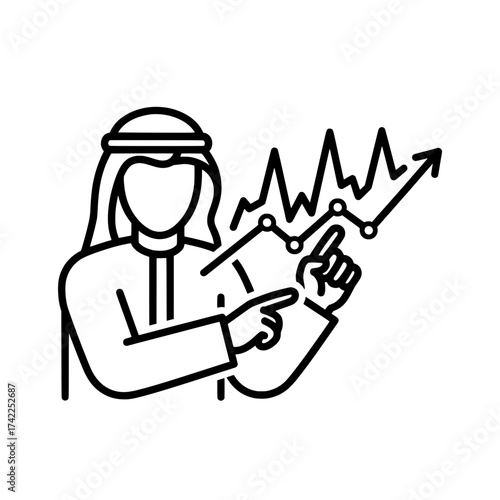 Arab businessman pointing at a financial graph business concept.