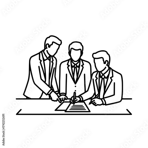 Business people signing a contract agreement in an office setting.
