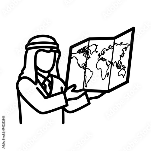 Arab man holding a world map planning a journey to explore the world.