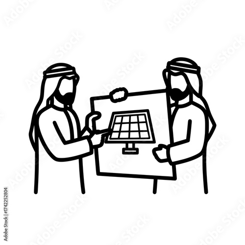 Two Arab men discussing solar panel energy project plan.