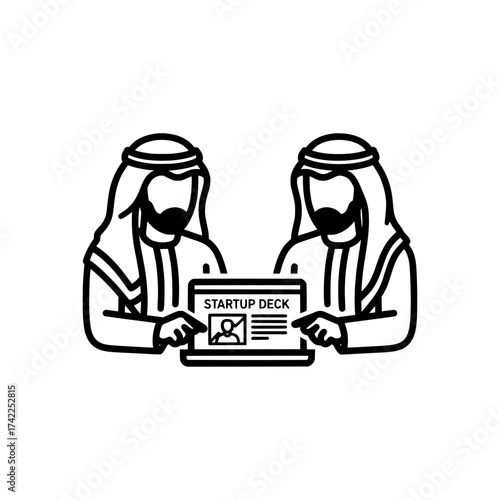 Two Arab men reviewing a startup deck on a laptop computer.