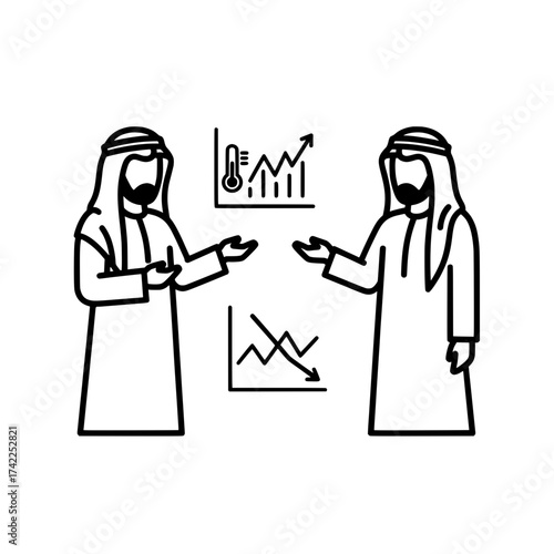 Two Arab men discussing business charts and graphs economic analysis.