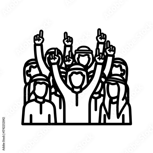 Group of Middle Eastern men with raised hands showing support.