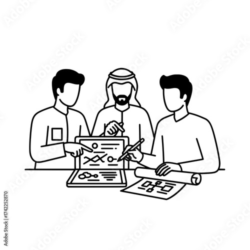 Business team discussing a project with a laptop and blueprints.