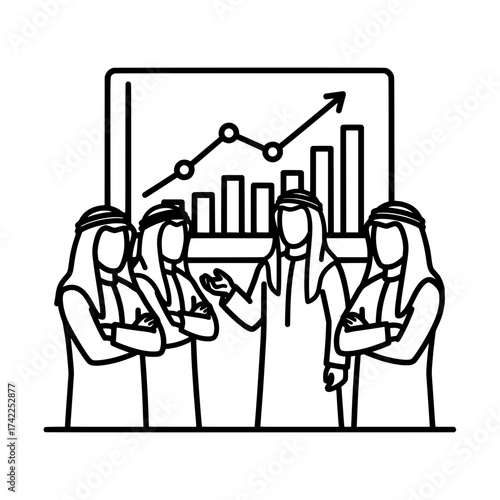 Arab business team discussing financial growth and success in a meeting.