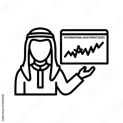 Arab man presenting international investment data on a chart.