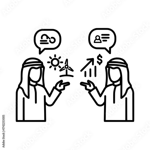 Two Arab men discussing renewable energy and financial growth.