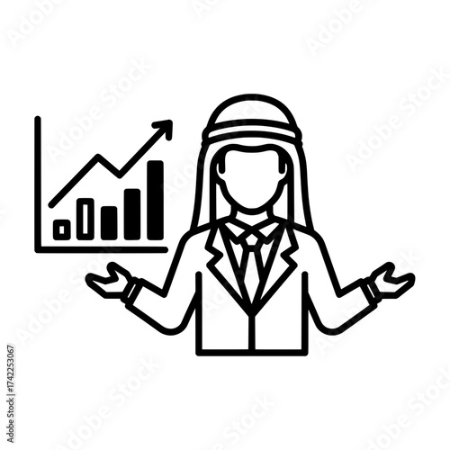 Arab businessman presenting financial growth with graph and chart.