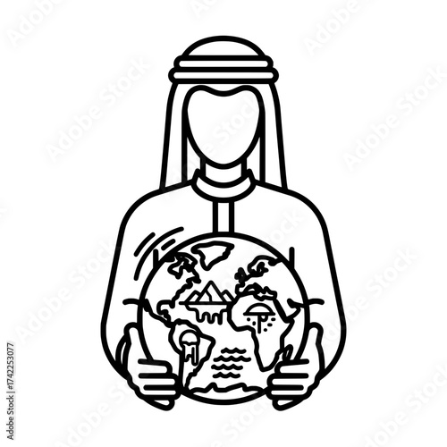 Arab man holding the earth protecting the planet from climate change and environmental issues.