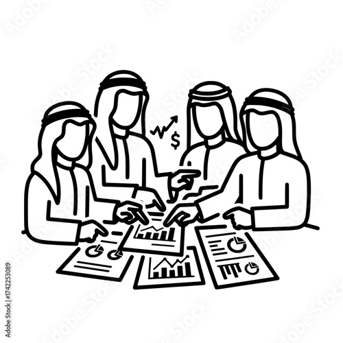 Business meeting of Arab businessmen discussing financial reports and charts.