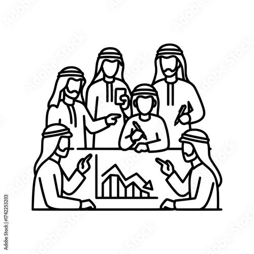 Business meeting of Arab men discussing financial data analysis.