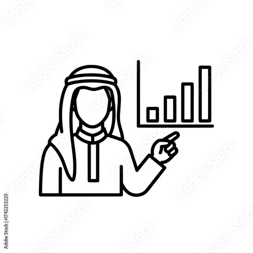 Arab businessman presenting a financial report with a bar graph to show the data.