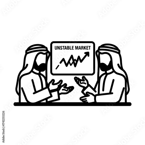 Two Arab men discussing unstable market conditions and financial fluctuations.