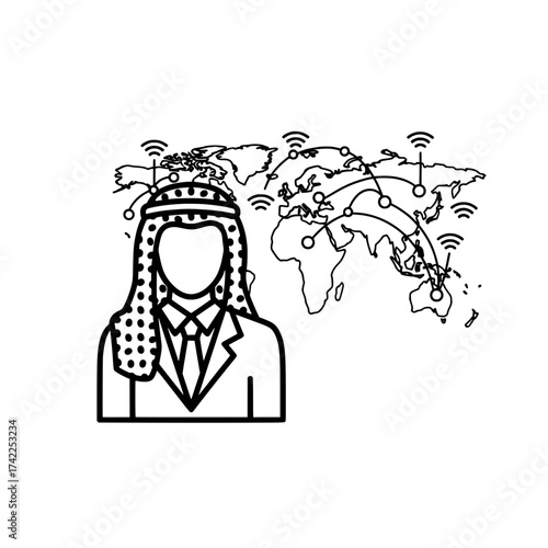Arab businessman with global network connection and wifi signals.