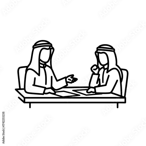 Two Arab men in traditional attire having a discussion at a table 1.