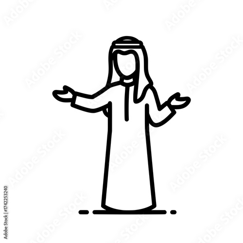 Arab man in traditional clothing with open arms welcoming gesture.