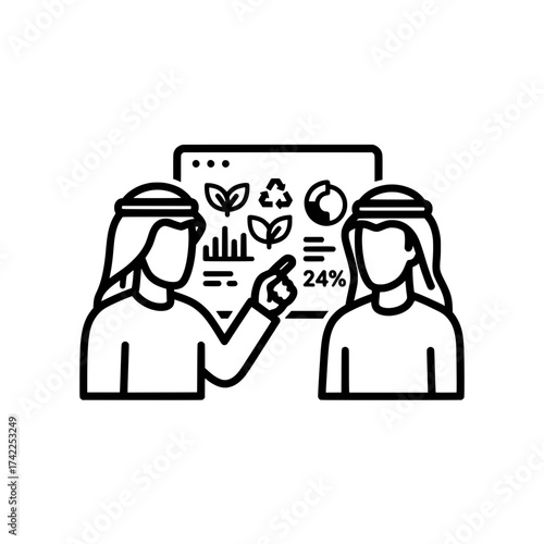 Two men in traditional attire discussing environmental data on a screen.