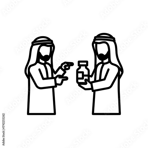 Two men in traditional Arab attire exchanging medicine bottle.