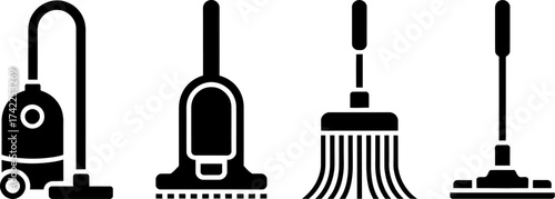 Set of cleaning tools including vacuum cleaners and mops for household chores