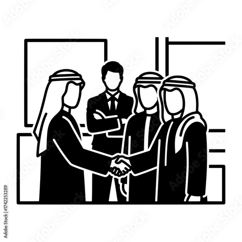 Business deal handshake between two arab men with a man in suit.