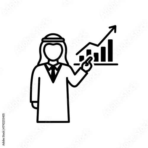 Arab businessman presenting a financial graph showing growth and success in business.