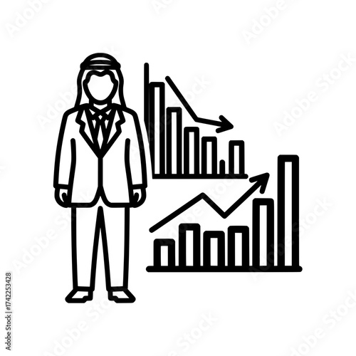 Arab businessman with financial charts representing business growth and decline.