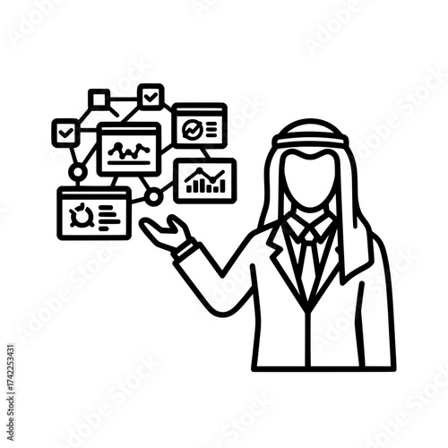 Arab businessman presenting data analysis and business strategy.