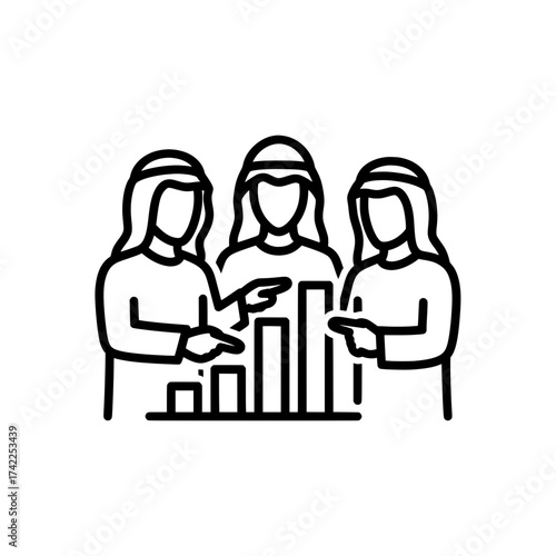 Arab men discussing business growth with bar graph.