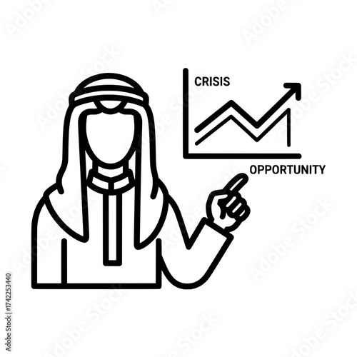Arab man pointing at a graph showing crisis turning into opportunity.